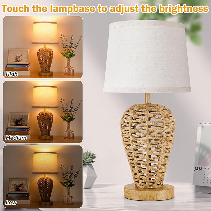 Boho Table Lamp,Touch Control & 3 Way Dimmable, 100% Hand Woven Rattan Coastal Farmhouse Bedside Nightstand Lamp for Bedroom, Living Room, Office (Bulb Included)