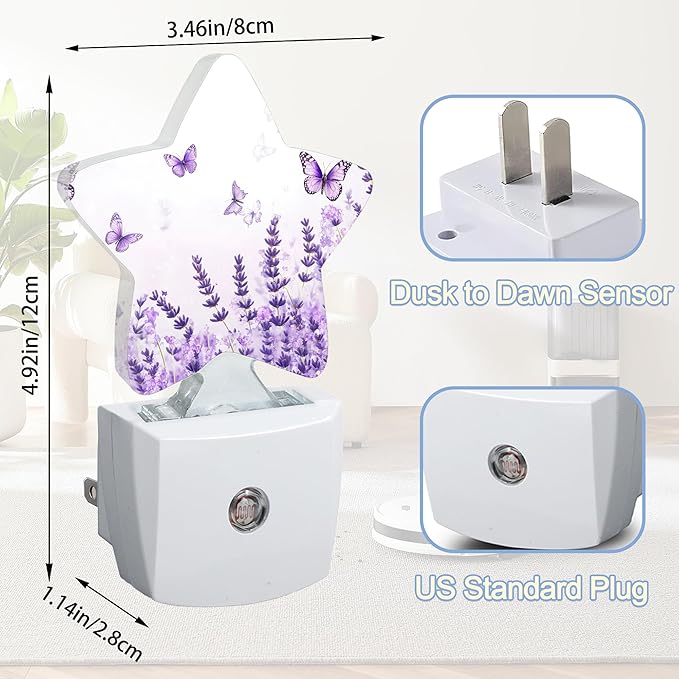 Lavender Butterfly Nightlight,Summer Flowers Star Night Lights Plug into Wall Decorations for Bedroom Bathroom,Dusk to Dawn Sensor Kitchen Hallway Stairs Energy Efficient Desk Lamp