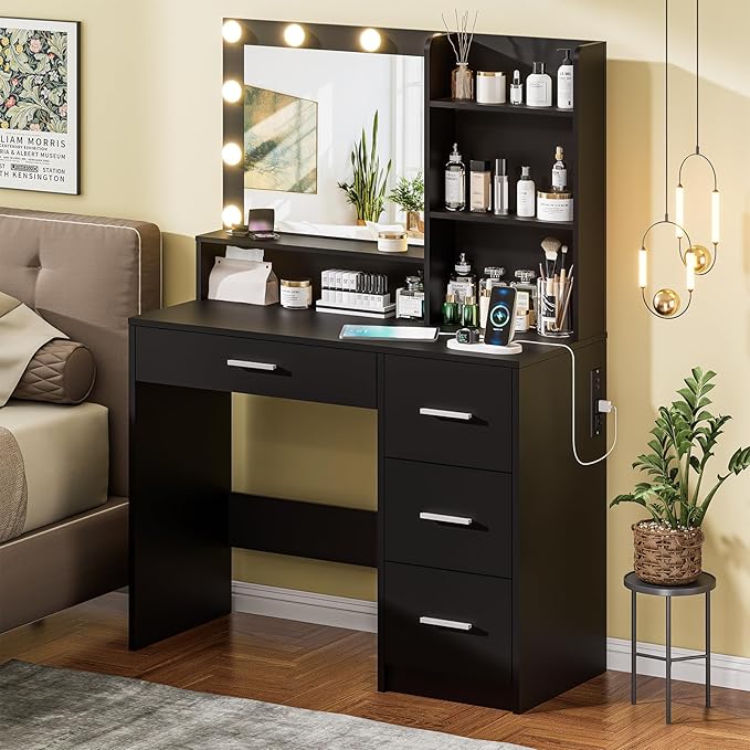 Vanity Desk with Lighted Mirror, Black Vanity with 4 Drawers,Makeup Vanity with Storage Shelves and Power Outlet,10 Lights with 3 Color Modes Brightness Adjustable for Girls’ Bedroom (Black)