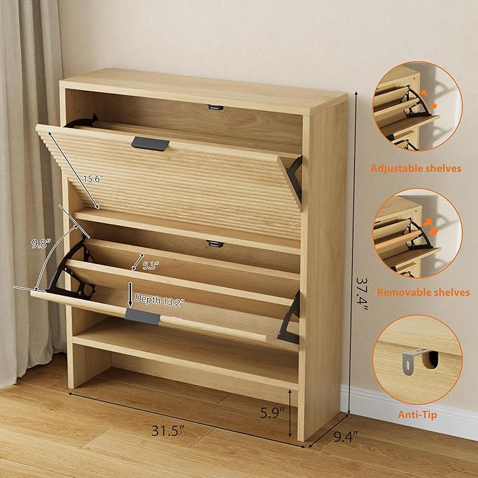 Garvee Shoe Storage Cabinet for Entryway, Fluted Shoe Cabinet with 2 Flip Drawers Doors, 32" Wide Hidden Shoe Rack Tall Freestanding Shoe Organizer for Entrance, Hallway, Living Room, Natural