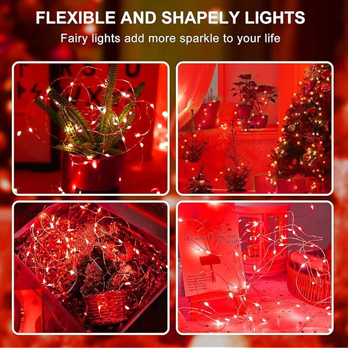 Aogist 100 Pack Fairy Lights 3 Modes 7ft 20 LED Waterproof,Battery Operated Silver Wire Firefly Starry Moon Mini String Lights for Mason Jars Christmas DIY Crafts Wedding Party Bedroom,Red