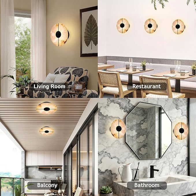 White Alabaster Wall Sconce Natural Marble Wall Sconce Vintage Gold Round Store Modern LED Wall Light Fixture Mid Century Wall Mounted Lamp for Bedroom Hallway Living Room Bathroom Kitchen
