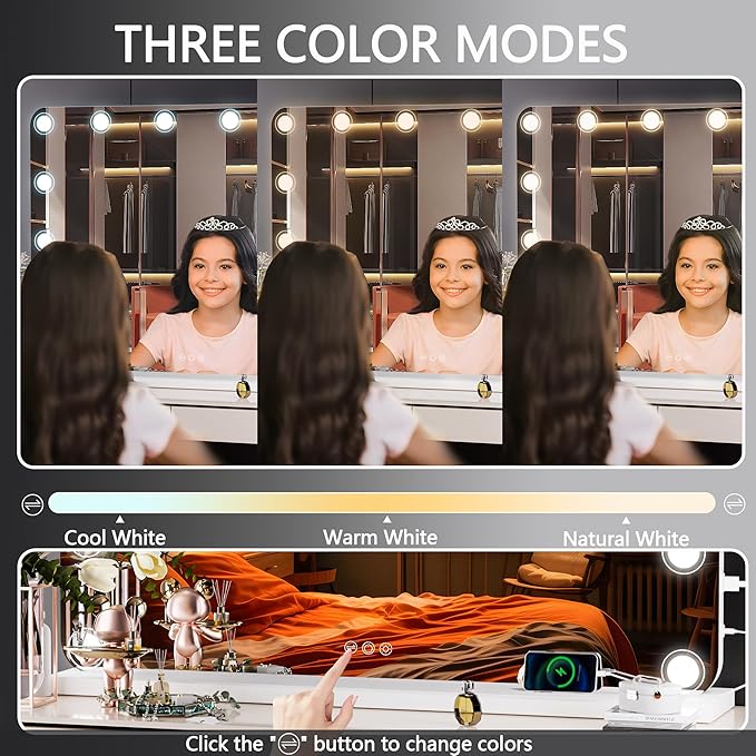 Hasipu Vanity Mirror with Lights, 32" x 24" Makeup Mirror, Light up Mirror with 14 Dimmable LED Lights and 10X Magnification, 3 Colors Modes, Touch Control, USB Charging Port, White (Round)