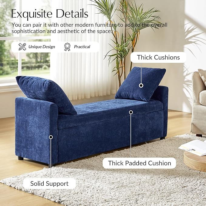 59.5" Modern Storage Ottoman Bedroom Bench, End of Bed Bench with Arms and Throw Pillows, Footrest Stool for Living, Dining Room, Entryway and Hallway, Navy