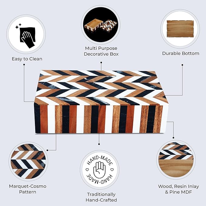 Handicrafts Home Decorative Storage Box with Lid Wooden Storage Organizer Box Multi Purpose Storage Box for Home Use – Natural Wood Resin Inlay Marquet Cosmo Collection- 10x6x2.5
