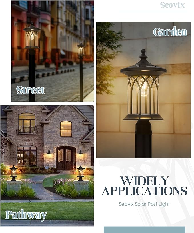 Solar Post Lights Outdoor Waterproof, Dusk to Dawn Solar Lamp Post Light Fixture E26 Base Socket, IP44 Waterproof Post Lights Outdoor Solar Powered for Pathway, Driveway, Lawn, KL235SPL10-1