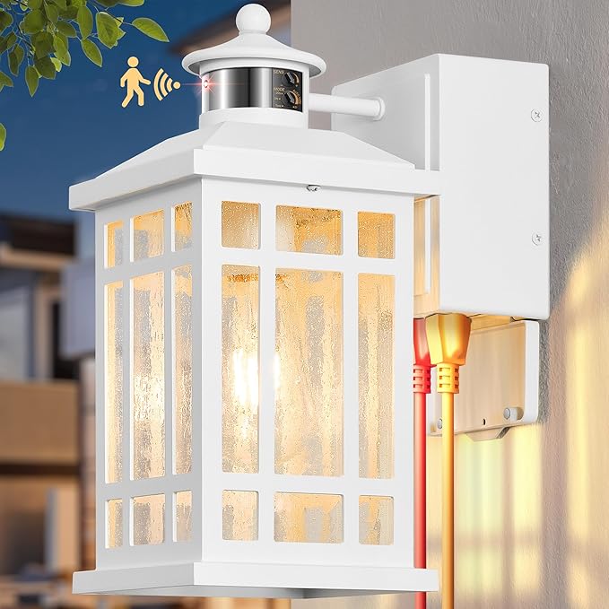 White Motion Sensor Outdoor Lights with GFCI Outlet, Distance and Time Adjustable Exterior Lighting Fixtures, Dusk to Dawn Outside Light for House, Porch, Garage, 5 Modes, Waterproof, Anti-Rust