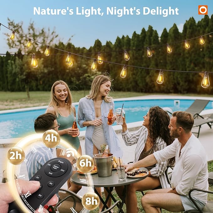 addlon 104FT(96FT+8) Solar String Lights Outdoor Waterproof with USB Port & Remote Control Solar Patio Lights for Outside Solar Powered with 52 LED Dimmable Bulbs for Porch Garden Deck Halloween