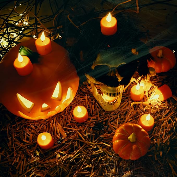 6 pcs Halloween Orange LED Tea Light Candles Rechargeable Flickering Flameless Pumpkins Lantern Tealights with Remote for Fall Thanksgiving Christmas Decor (Orange)
