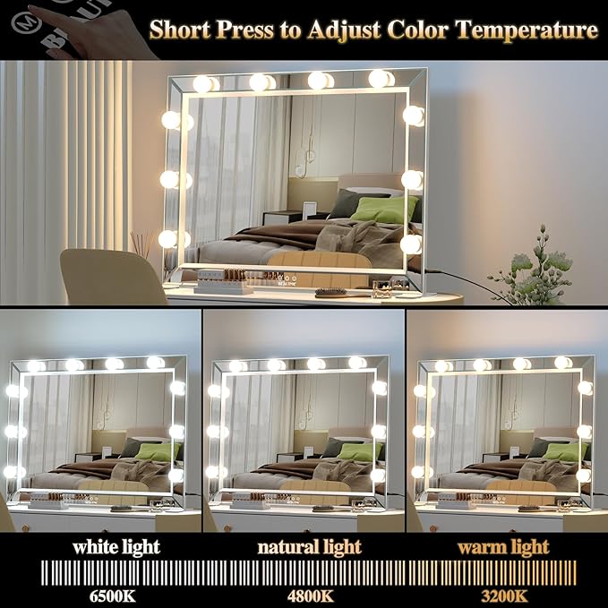 BEAUTME Large Hollywood Vanity Mirror with 10 pcs Dimmer Bulbs, 3 Lighting Modes, Smart Touch Control, Tabletop Mirror/Wall Mounted LED Mirror Home Decor for Bedroom, 31.5×24 inch