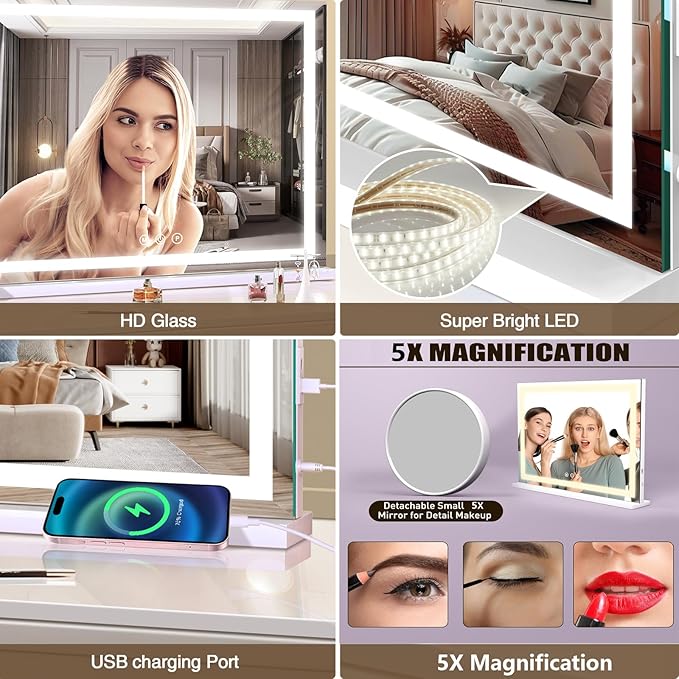 Vanity Mirror with Lights, 31.5" x 23.6" Large Makeup Mirror with LED Lights, Smart Touch Dimmable 3-Color Light, Memory Function, USB Charging Port