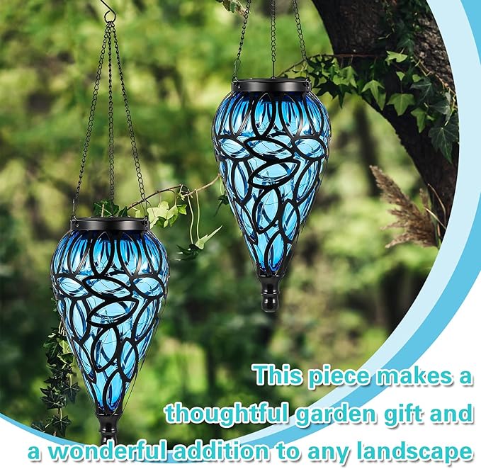 2 Set Solar Hanging Lantern Lights Outdoor Chandelier Moroccan Hanging Solar Light Tear-Shaped 15 LEDs Cool White with S Hooks for Summer Garden Yard Pathway Landscape Porch Decor(Blue)