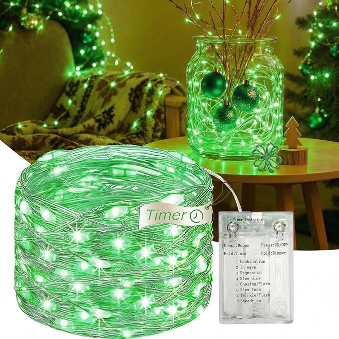 16FT 50 LED St. Patrick's Day Fairy Lights with Timer, 8 Modes USB Mini Twinkle Light Battery Operated, Small String Lights for Wreath Vase Bedroom DIY Party Decorations-Green