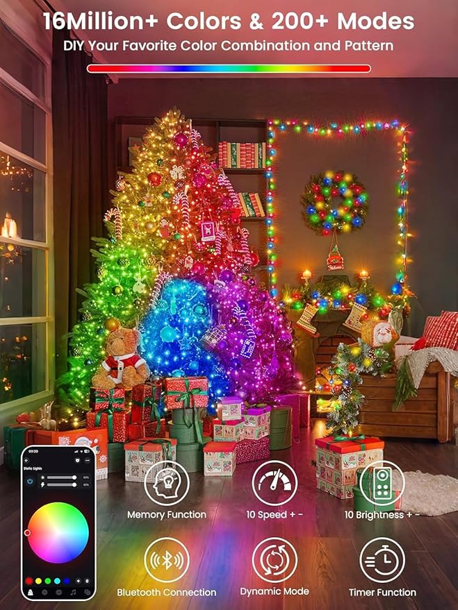 600LED Smart 4th of July String Lights App Controlled, 208T Waterproof Red White and Blue Lights, Patriotic RGB Color Changing Twinkle Light with Remote & Timer Indoor Outdoor for Memorial Day Decor