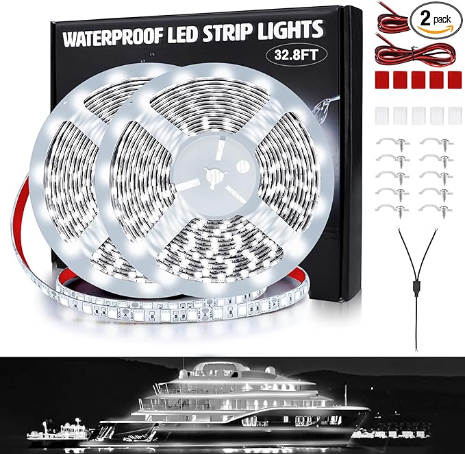 LED Boat Strip Lights - 32.8ft (2 Rolls) Waterproof Pontoon, Kayak, Cabin, Deck & Navigation Lights (White)