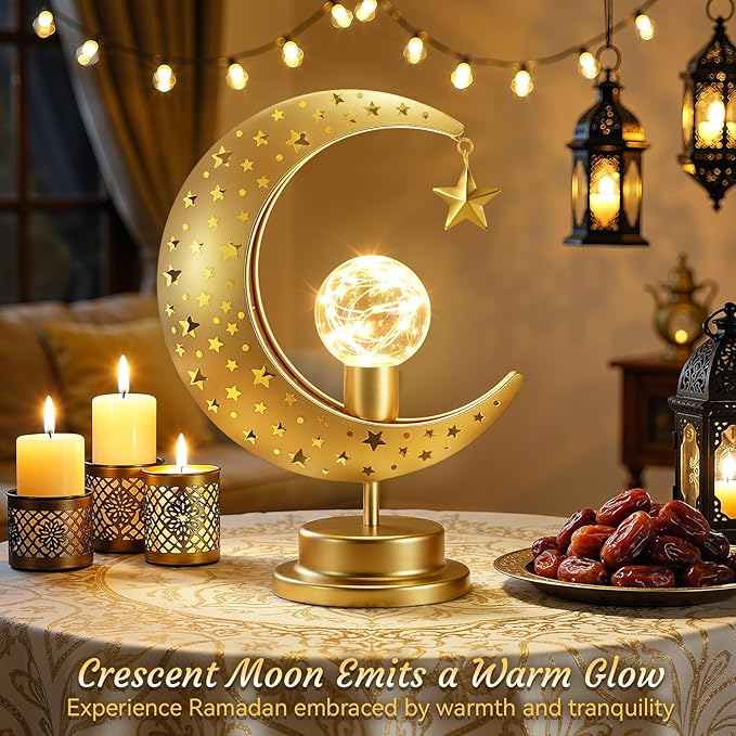 Lewondr Ramadan Moon Lamp, Crescent Moon with Star Table Lamp, Battery Powered Ramadan Desk Lamp Decorations Crescent Table Light Bedside Night Stand Desktop Living Room Home Decor, Eid Mubarak Decor