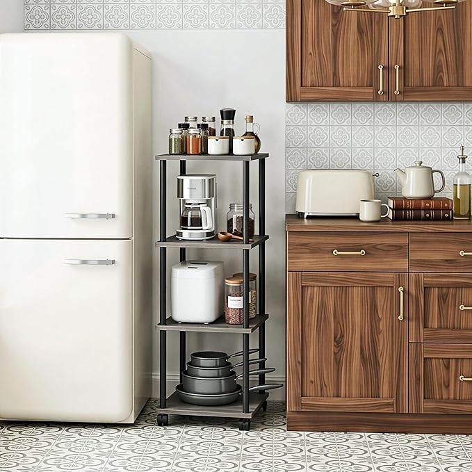 Bathroom Shelving Unit with Wheels, 4-Tier Narrow Open Floor Shelves, Metal Corner Slim Storage Rack for Bathroom Laundry Room Kitchen Living Room, Oak Grey
