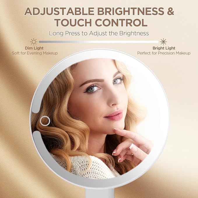 Portable Travel Makeup Mirror with Lights - 3 Color Dimmable Lighting, 360° Rotation, Rechargeable Double-Sided 1X/10X Magnifying Mirror, Adjustable Brightness for Tabletop, Home & On-the-Go Use