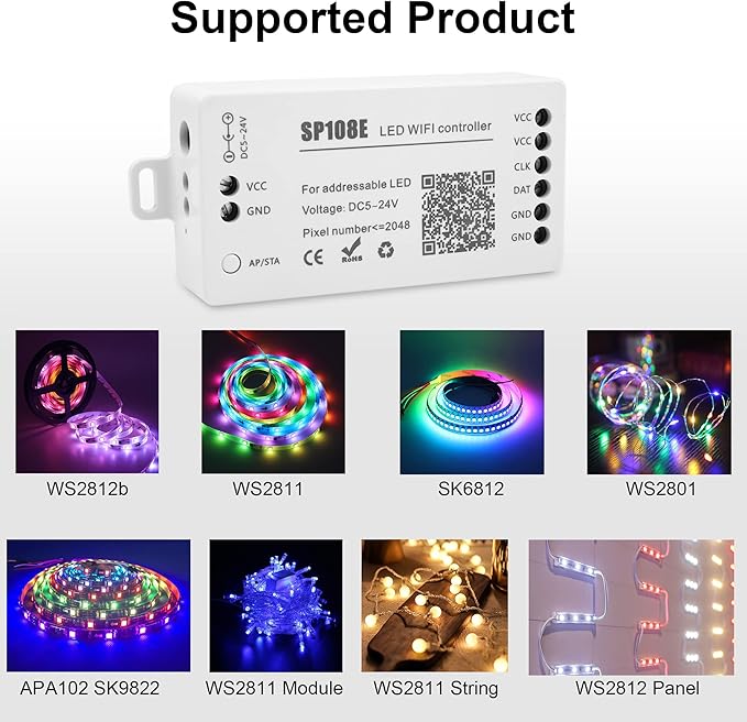 VIPMOON SP108E LED WiFi Controller, Wireless Remote Control for WS2811 WS2815 WS2801 SK6812 WS2813 SK9822 APA102C Addressable RGB LED Pixels Strip