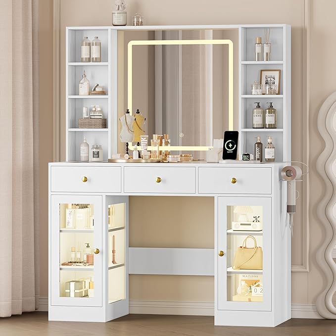Makeup Vanity Desk with Mirror and Lights, 43" White Vanity with Glass Top, Jewelry Storage, 3 Drawers & Glass Cabinets, Power Outlet & Adjustable LED Lights, Dressing Table for Women & Girls Bedroom