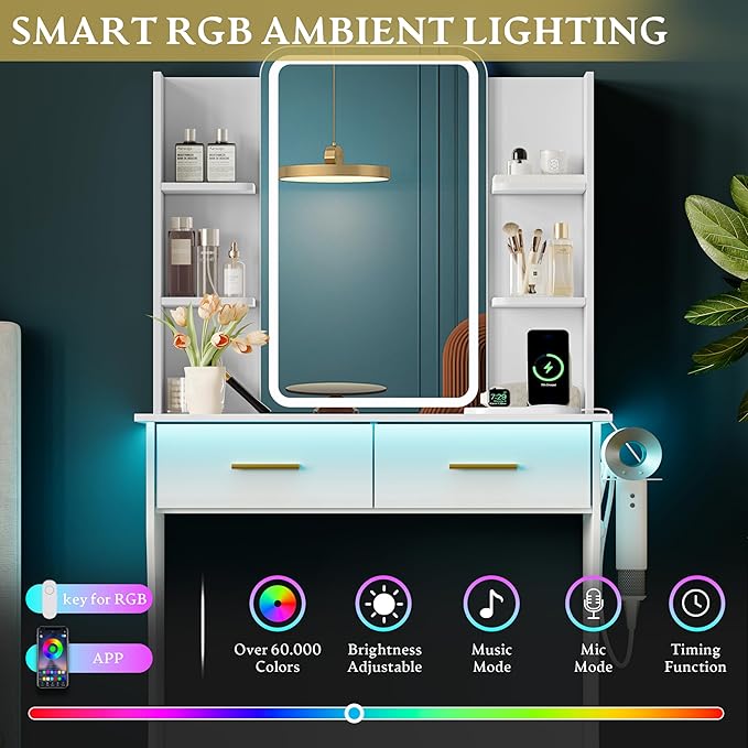 Vanity Desk with LED Lights Mirror & Power Outlet, Small Makeup Vanity Table Set with Storage Drawers, 3 Lighting Modes & Adjustable Brightness, Dressing Table for Women Girls Bedroom, White(NO Stool)