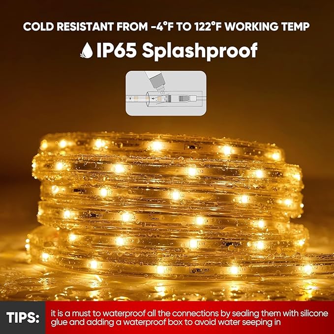 Shine Decor LED Strip Lights 12w Low Consumption, Cold Resistant IP65 Waterproof Outdoor Rope Light 120 VAC, Cuttable Connectable Indoor Lite Lighting Strip 16 FT ETL Listed 7x10mm 2800K Warm White
