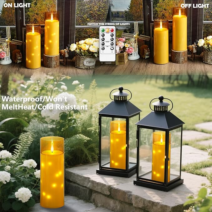 11" x 4" Large Outdoor Waterproof Flameless LED Candles with Remote and Timer,Acrylic Pillar Candles Battery Operated with Embedded Star String for Porch,Patio,Outdoor Decor,Set of 2(Gold)