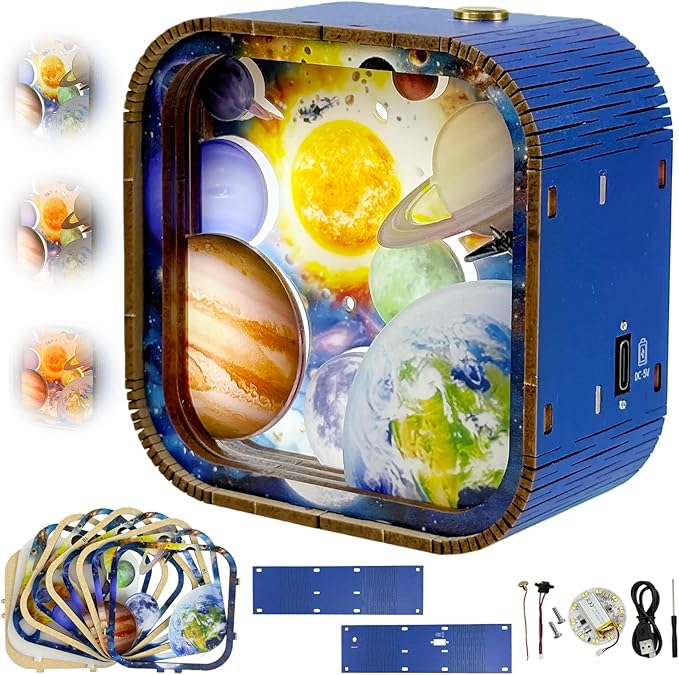 3D Wooden Puzzle Night Light DIY LED Wooden Lamp Kit for Adults Desk Decor Educational Art Project Table Ornament and Unique Gift (Solar System)