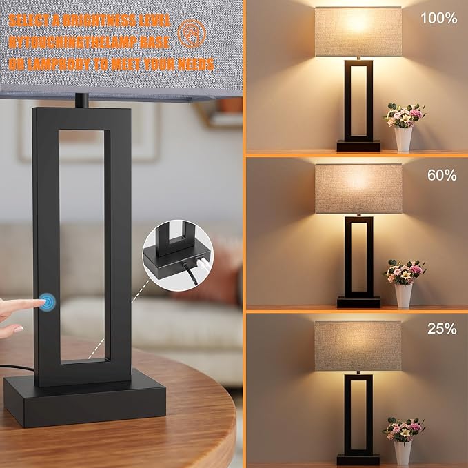 Seealle 22" Tall Living Room Lamps for Night Stands - Touch Bedside Lamp with USB C+A, 3 Way Dimmable Bedroom Lamps for End Tables Set of 2, Modern Night Stand Lamps for Bed Side(Grey&Black)