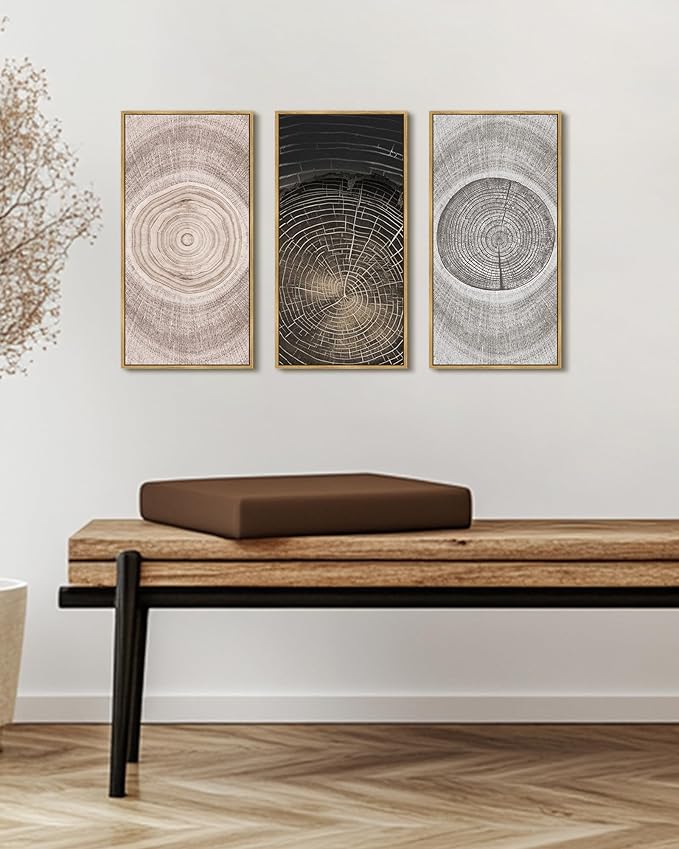 KUVIOKE Vintage Wood Tree Rings Wall Decor Farmhouse Rustic Artwork Living Room Bedroom Art Nature Artwork 8x16in3pcs Natural Framed