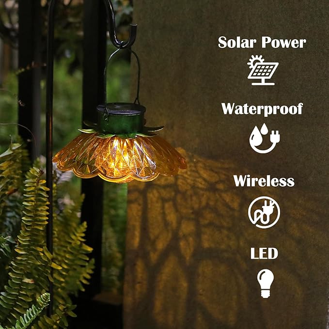 XUWEN Hanging Solar Lantern Outdoor - Yellow Solar Flower Lights with Crackle Globe Glass, Hanging Lanterns Decorative Outdoor for Walkway Pathway Patio Yard, Christmas Housewarming Gifts for Women.