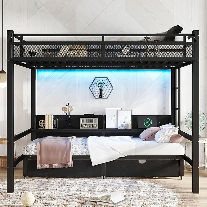 Bellemave Queen Over Queen Metal Bunk Bed with Storage Drawers and Shelves, Heavy Duty Bunk Beds with LED Lights and Charging Station for Kids,Adults,Convertible into a Sofa Bed,Black
