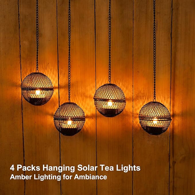 Solar Hanging Lanterns Lights Outdoor, 4 Pack Hanging Candle Holder with Solar Tea Lights Candles Outdoor Waterproof, Chandelier Ideas for Tree Pergola Patio Decor, ALL FORTUNE