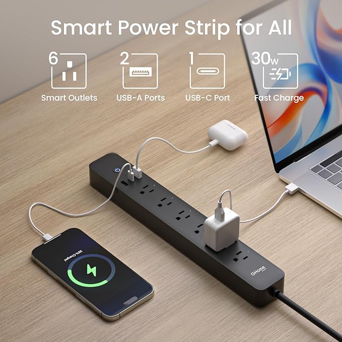 GHome Smart Power Strip 15A, 2.4G WiFi Smart plugs that work with Alexa & Google Home, Surge Protector Flat Plug with 6 APP Control WiFi outlets, FCC Listed, 7.18 ft flat extension cord, No Hub Needed
