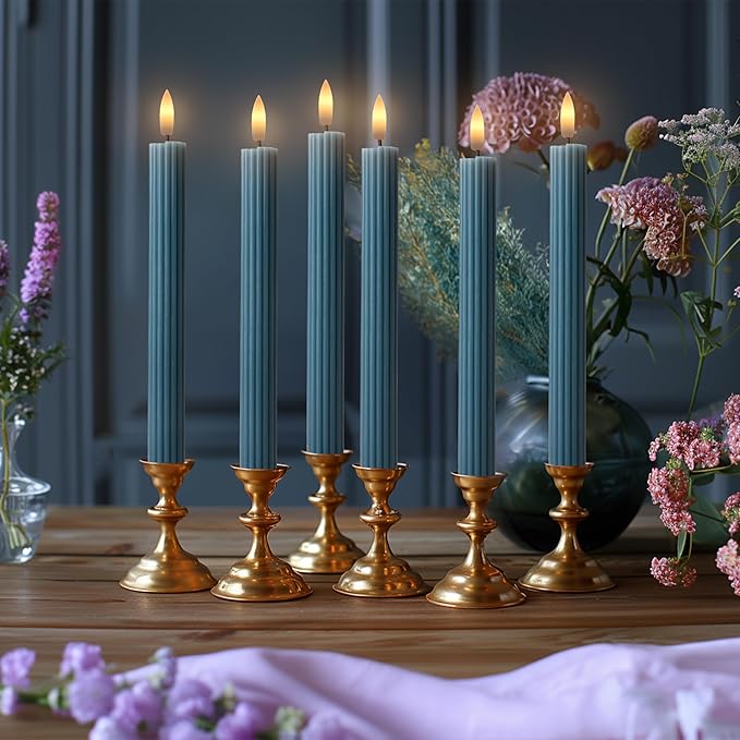 6 Pack, 10" LED Flameless Blue Fluted Ribbed Grooved Taper Candles, Remote & 24h Timer Memory, On/Off Button, Dimmable, Flicker Mode, Battery Operated, Christmas Menorah Wedding
