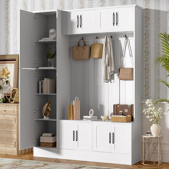 79'' Tall Modern Hall Tree with Shoe Storage and 4 Coat Hooks, 4-in-1 Entryway Bench with 6 Cabinets and Adjustable Shelf for Hallway, Living Room (White/33f)