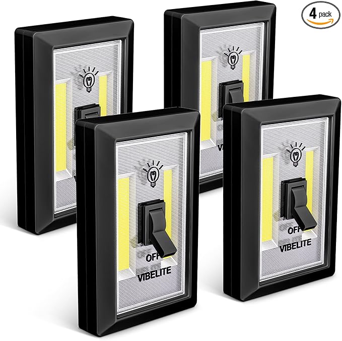 VIBELITE LED Night Light Switch, 200 Lumen Wireless COB LED Lamps Switch Light, Under Cabinet, Shelf, Closet, Garage, Kitchen, Stairwell and Emergency, Battery Operated, 4 Pack, Black