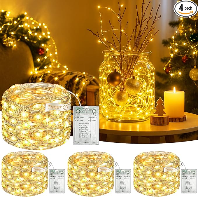 4 Pack 16FT 50 LED Fairy Lights Battery Operated with Timer, 8 Modes USB Mini Twinkle Light, Small String Lights for Christmas Tree Wreath Vase Bedroom DIY Wedding Decorations-Warm White