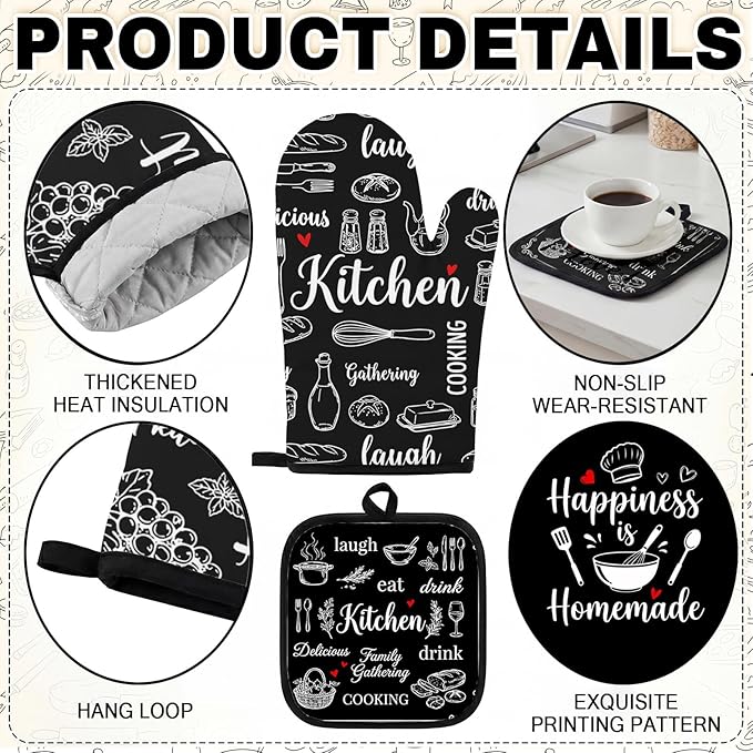 Black and White Kitchen Decor Set 10 Piece - Chalkboard Art Baking Theme Kitchen Rugs, Oven Mitts, Pot Holders and Towels - Modern Farmhouse Kitchen Rules Accessories