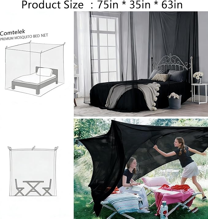 Canopy Bed Curtains 4 Corners Mosquito Net Mosquiteros para Camas Bed Canopies Netting Bed Drapes Rectangular Mosquito Mesh for Patio Gothic Outdoor Travel Home Decor（L75 X W35 X H63,1 Opening,Black）