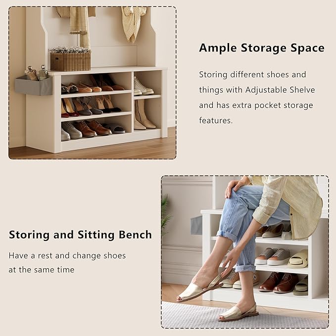 Aiho Hall Tree with Bench and Shoe Storage, 3-in-1 Entryway Hall Tree, with Adjustable Shoe Storage, for Entryway, Hallway, White