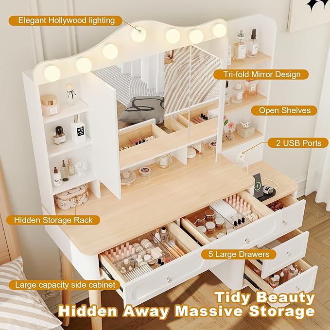 Vanity Desk with Mirror and Lights,Makeup Vanity with 2 USB Power Strip,Vanity Set with Two Drawers and Three-drawerst, 3 Lighting Modes Adjustable Brightness, Foldable Three-sided Mirror(White)