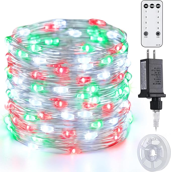 JMEXSUSS 200 LED Red White Green Fairy Lights Plug in, 8 Modes Christmas Fairy Lights Indoor Outdoor with Wheel, 66 ft Remote Control Twinkle Lights for Christmas
