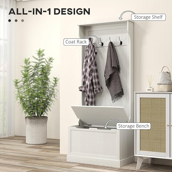 HOMCOM Hall Tree with Bench and Shoe Storage, 3-In-1 Entryway Bench with Coat Rack, 4 Hooks and Flip Top Storage Compartment, Cream White