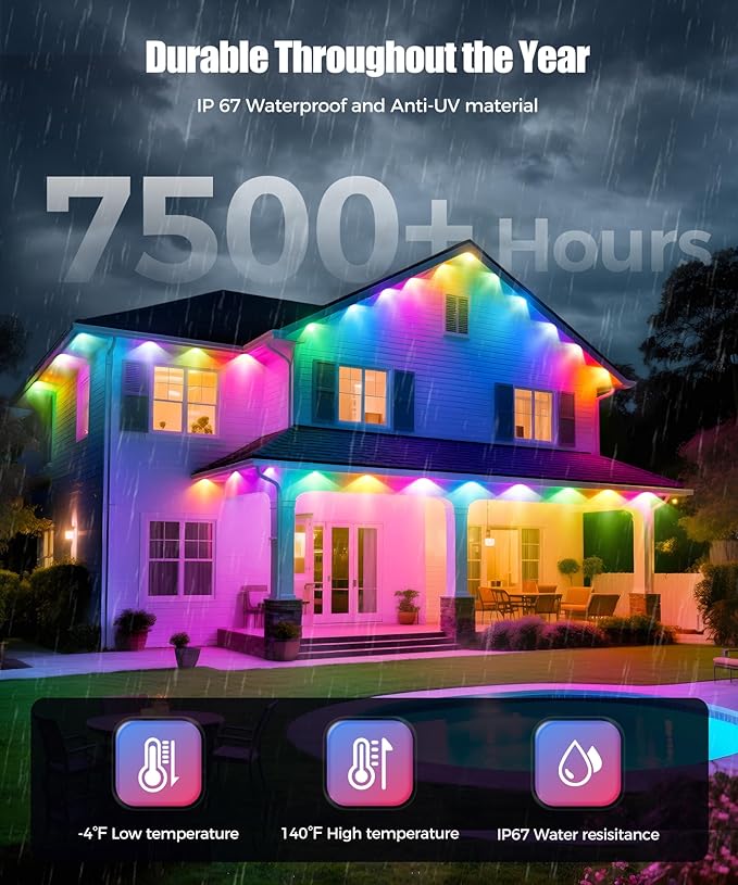 POOFZY Permanent Outdoor Lights for House,200ft RGB+IC Smart Outdoor Decor, 50 Scene Modes,App/Remote Control,for Christmas,Easter,V-Day,Thanksgiving,Daily & Holiday Party Decor