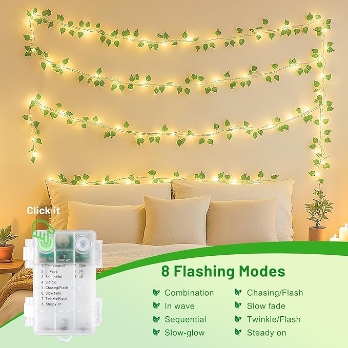 YOUNGAR Pothos Vines with Fairy Lights,Leaf String Warm White Lights Battery/USB Operated,23FT 73LED Fake for Bedroom Wall Room Wedding Birthday Garden Party Wall Room Decor