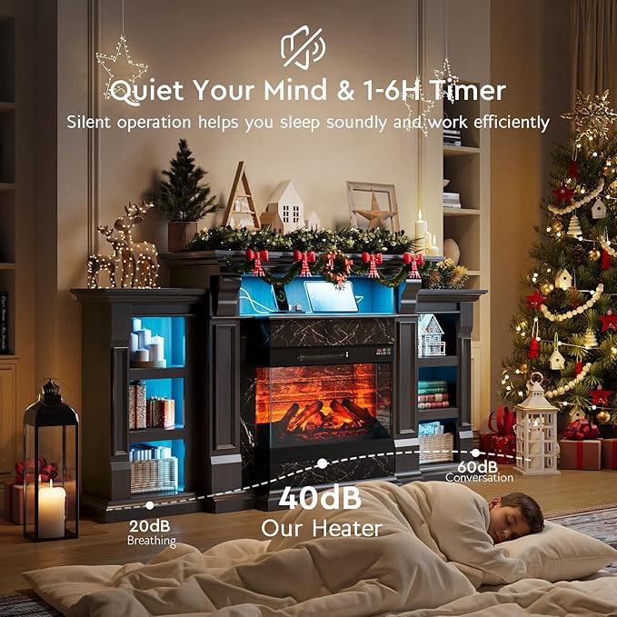 LGHM LED Electric Fireplace TV Stand with Outlet, 72'' Fireplace Mantel for TVs up to 80'', Modern Entertainment Center with 3-Sided Glass Fireplace Heater Insert for Living Room, Black
