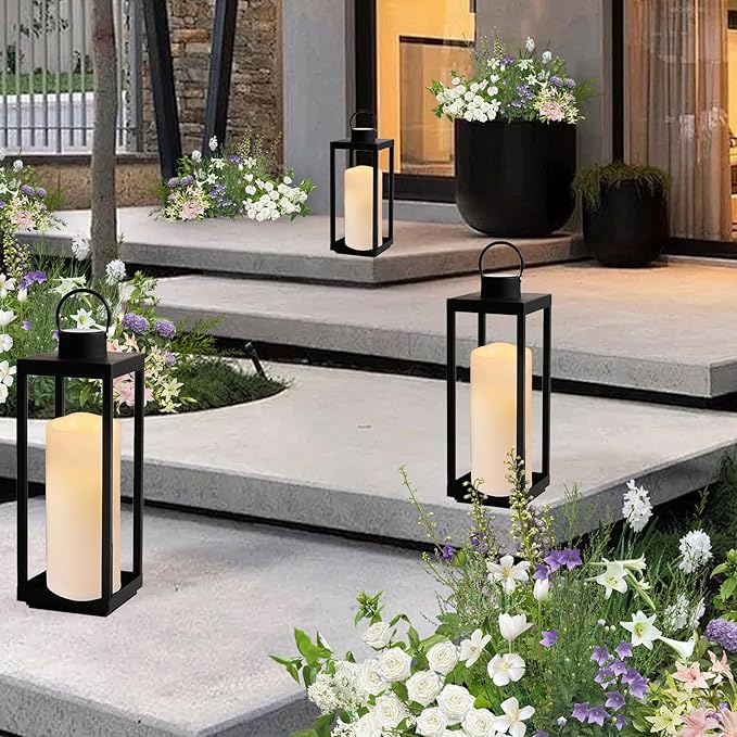 NURADA Large Outdoor Flameless Candles 6" 8" 10" x 5" - Waterproof LED Pillar Flickering Candle Battery Operated with Timer Remote for Patio Porch Lanterns - Ivory White Set of 3