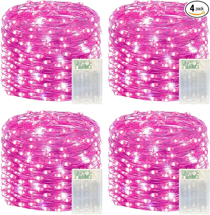 LitHome 4 Pack Valentine's Day Pink Fairy Lights Battery Operated, 20 FT 60 LED Valentines Lights Battery Operated 2 Modes Indoor, Waterproof Led Fairy Twinkle Lights for Gift Bedroom Wedding Decor