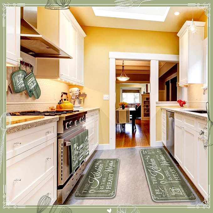 10 Pcs Farmhouse Kitchen Decor and Accessories Set 4 Kitchen Towels 2 Pot Holders 2 Oven Mitts 2 Rugs for Cooking Baking Mom Housewarming Gifts(Sage Green,Classic Style)